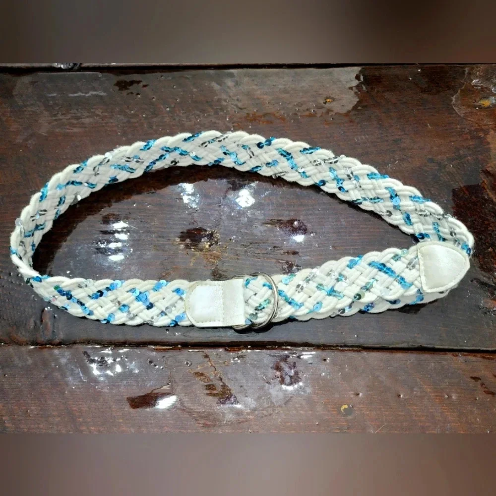 👸👖🩳 White Braided D-ring Belt with blue & silver sequins